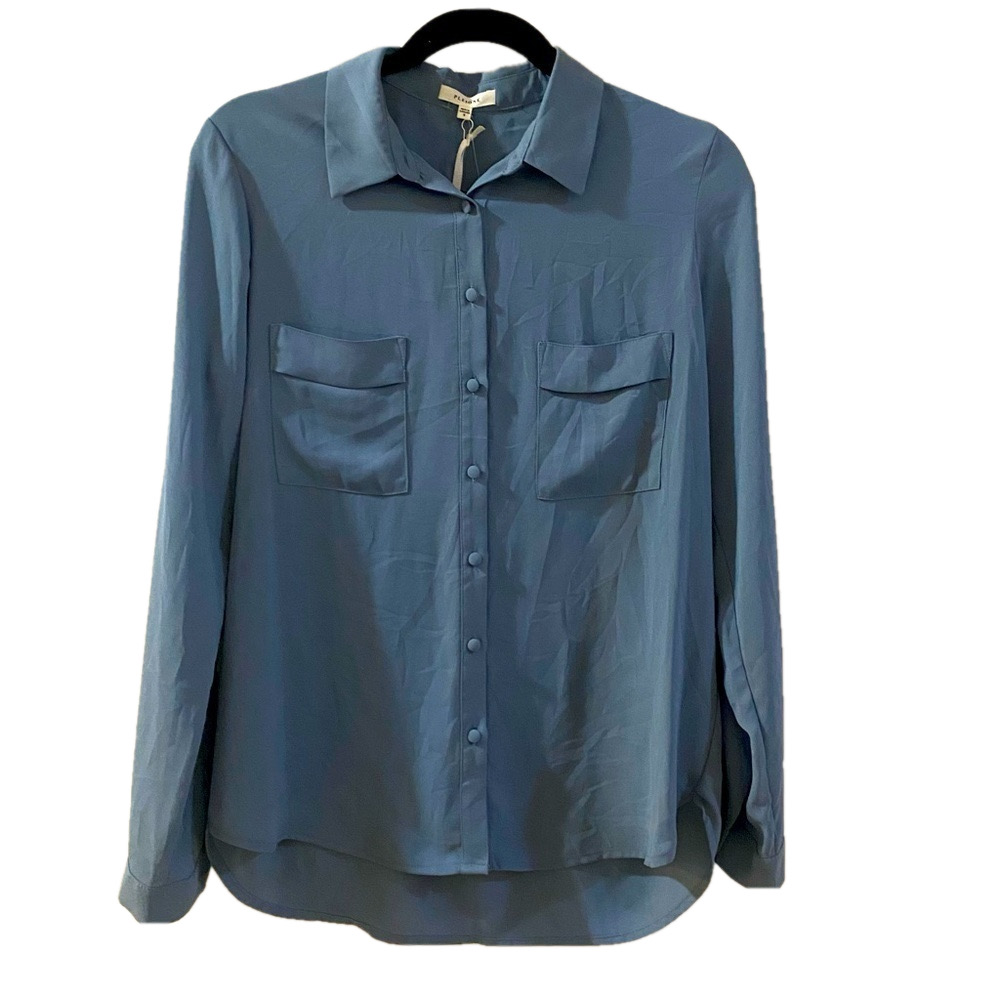 🎈PLEIONE women button down long sleeves Caspian  Blue preppy casual career S
